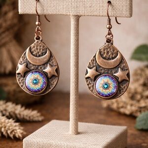 Handmade Copper Moon & Star Earrings | Boho Celestial Mandala